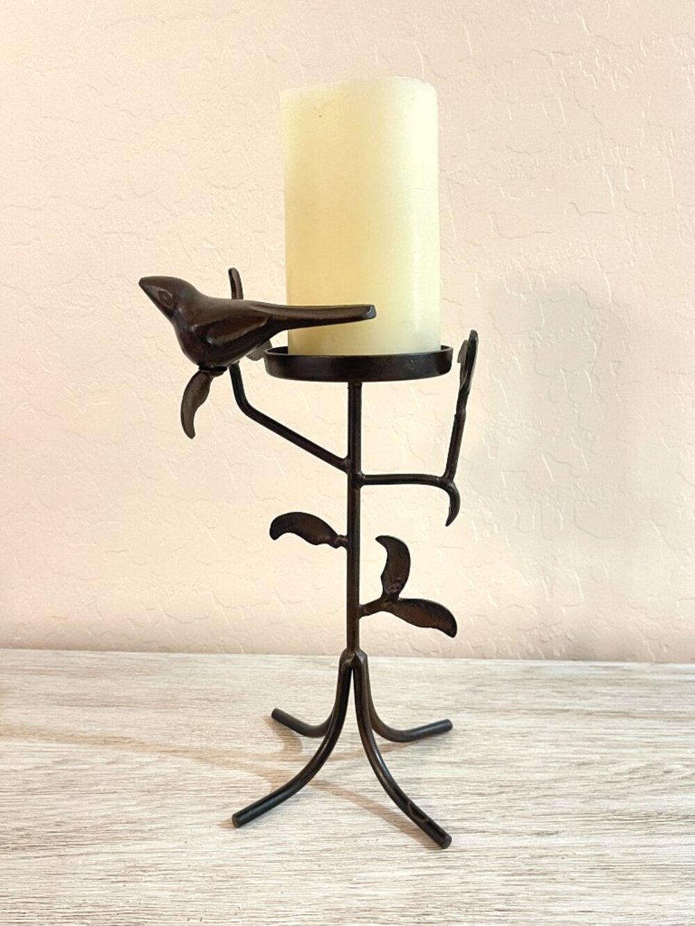 Metal Bird On A Branch Sculpture Candle Pillar Holder Stand Dark Brown